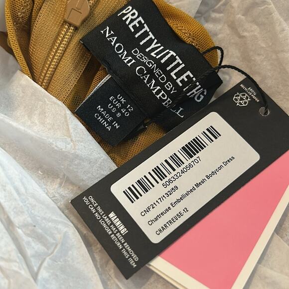 PrettyLittleThing Naomi Campbell Chartreuse Embellished Bodycon Dress NWT - Picture 8 of 9